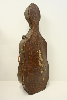 Music, Case, CARRYING CASE FOR CELLO, INSTRUMENT, SNAKESKIN PATTERN, 3 HANDLES, BRASS LATCHES, AGED, WOOD, BROWN
