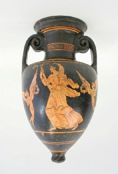 Vase, Terracotta, POINTED AMPHORA, ANCIENT GREEK STYLE, HAND PAINTED (ANGELS), AGED & REPAIRED, TERRA COTTA, BLACK