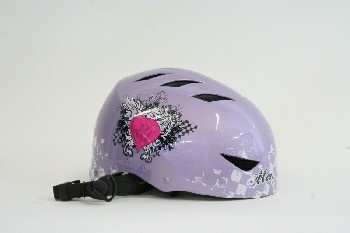 Headwear, Helmet, CHILD'S BICYCLE HELMET W/CHIN STRAPS,PINK HEARTS & SQUARES , PLASTIC, PURPLE