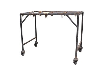 Rack, Miscellaneous, INDUSTRIAL,4 LEG 3 BEAM FRAME W/WHEELS, HOOKS & HANGING CLIPS ATTACHED , METAL, BLACK
