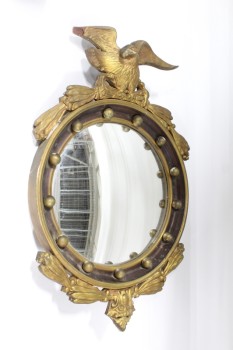 Mirror, Decorative, ANTIQUE STYLE, ROUND FEDERAL / ADMIRAL EAGLE BULL'S EYE STYLE WALL MIRROR, AMERICANA, U.S.A., STUDDED, AGED, DISTRESSED, FRAGILE, WOOD, GOLD