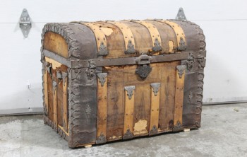 Trunk, Chest, ANTIQUE, AUSTRIAN, ROUNDED TOP W/HINGED LID, WOOD BANDS, ORNATE METAL DETAIL & TRIM, AGED, WOOD, BROWN