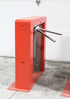 Turnstile, Unit, ROTATING 3 ARM METAL TURNSTILE MECHANISM END ON RED COVERED POST CHASSIS, FREESTANDING, TRAFFIC / CROWD CONTROL, METAL, RED