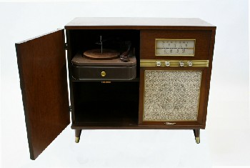 Cabinet, Misc, 1 DOOR, FEET, POP OUT RECORD PLAYER, SPEAKER & RADIO DIAL, WOOD, BROWN