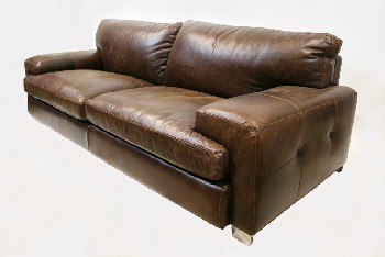Sofa, Three Seat, SHORT CHROME LEGS, BUTTON TUFTED SIDES, LEATHER, BROWN