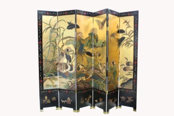 Screen, Misc, 7' TALL x 8' WIDE ROOM DIVIDER, 6 PANELS, ASIAN BIRDS MOTIF, BLACK & GOLD BACKGROUNDS (BOTH SIDES DIFFERENT, SEE PHOTOS), WOOD, BLACK