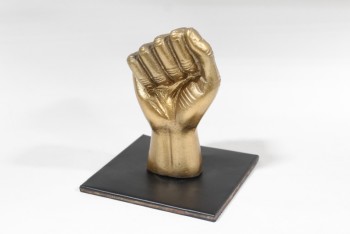Decorative, Hand, REALISTIC HAND, GOLD FIST, SQUARE BLACK BASE, METAL, GOLD
