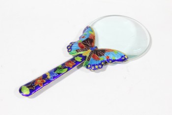 Science/Nature, Magnifier, HANDHELD MAGNIFYING GLASS, ENAMELED CLOISSONNE BUTTERFLY HANDLE, GLASS, MULTI-COLORED