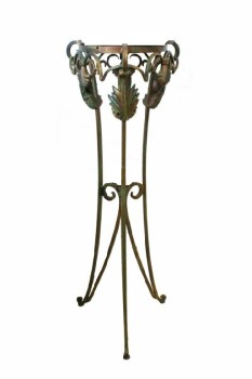 Stand, Plant, SCROLLED / LEAF DECORATION, 3 LEGS, AGED, VERDI-GRIS / PATINA LOOK, OPEN ENDED, METAL, BRASS