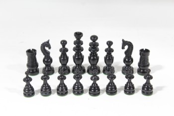 Game, Chess, FULL SET OF 16 BLACK CHESS PIECES, TALLEST PIECE IS 4