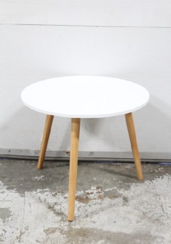 Table, Side, ROUND PLAIN WHITE TOP, 3 LIGHT BROWN WOOD LEGS, WOOD, WHITE