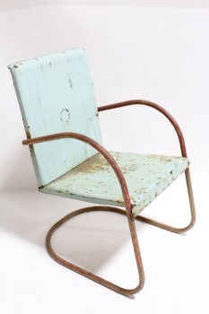 Chair, Lawn, VINTAGE, LIGHT GREEN SEAT, RETRO, PATIO/GARDEN/MOTEL, ROUNDED ARMS, CANTILEVER, AGED/RUSTY, METAL, GREEN