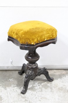 Stool, Misc, ANTIQUE PIANO SEAT, REUPHOLSTERED GOLD VELVET CUSHION W/MISMATCHED TACK TRIM, CAST IRON & CARVED WOOD BASE, TRI-LEGGED, OLD STYLE, WOOD, YELLOW