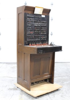 Phone, Switch Board, FREESTANDING MANUAL TELEPHONE OPERATOR CORD MAGNETO BOARD COUNTER STATION, OAK, CIRCA 1920, JUST SWITCHBOARD W/O ROLLING BASE IS 68x26x27.5