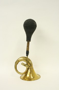 Music, Brass, CAR/SQUEEZE HORN W/BLACK RUBBER BULB, SIDE MOUNT, TARNISHED, Condition Not Identical To Photo, METAL, BRASS