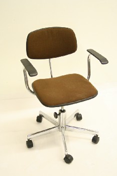 Chair, Office, CHROME FRAME W/BLACK PLASTIC CAPPED ARMS, FABRIC SEAT, ROLLING DESK CHAIR, METAL, BROWN