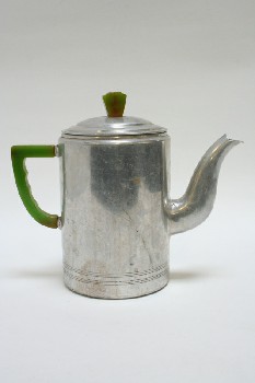 Housewares, Coffeepot, CYLINDRICAL W/LONG SPOUT,LID,GREEN KNOB & HANDLE, METAL, SILVER