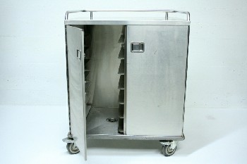 Medical, Cabinet, 2 DOORS, SHELVES FOR TRAYS & DRAIN INSIDE, ROLLING, STAINLESS STEEL, SILVER