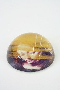 Decorative, Paperweight, ROUND W/WOMAN'S FACE,YELLOW LINES, GLASS, CLEAR