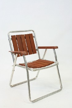 Chair, Folding, OUTDOOR / LAWN, WOODEN SLAT SEAT, BROWN ARMS, TUBULAR FRAME, Condition Not Identical To Photo, ALUMINUM, SILVER