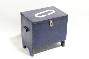 Garbage, Recycle Bin, HOME MADE LOOK, BOX W/HINGED LID, SMALL SIDE HANDLES & FEET, PAINTED WHITE ARROW ON LID, WOOD, BLUE