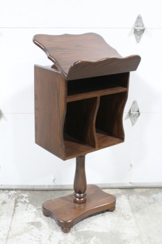 Podium, Slanted Top, LECTERN, ANGLED BOOK REST TOP, 3 COMPARTMENTS, CURVED BASE W/BALL FEET, WOOD, BROWN