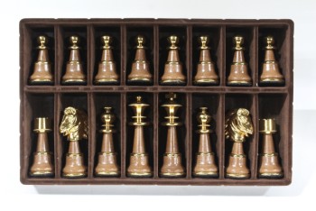 Game, Chess, FULL SET OF 16 SOLID BRASS CHESS PIECES, GOLD & SILVER PLATED, TALLEST PIECE IS 5