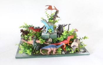 Toy, Misc, DINO DIORAMA, PREHISTORIC DINOSAUR SCENE W/TOYS & FAKE LEAVES, ASSEMBLED ON BOARD, PLASTIC, MULTI-COLORED