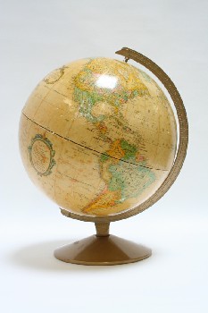 Globe, Tabletop, WORLD,YELLOW METAL STAND, CARDBOARD, MULTI-COLORED