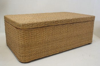 Trunk, Wicker, NO HANDLES,CHAINED HINGED LID,ROUNDED EDGES , WICKER, BROWN