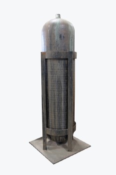 Tank, Metal, FABRICATED TANK CYLINDER IN STAND W/SQUARE BASE,VERTICAL, AGED , METAL, GREY
