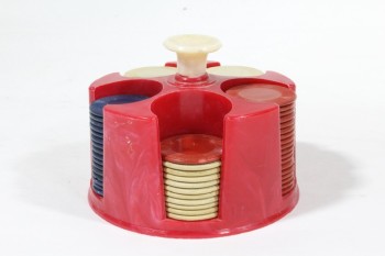 Game, Card, VINTAGE POKER CHIP HOLDER W/ROUND HANDLE, W/CHIPS , PLASTIC, RED