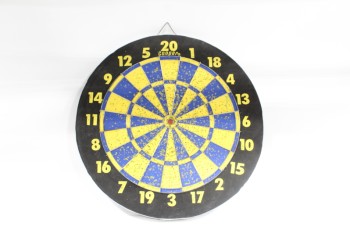 Sport, Darts, BOARD, YELLOW & BLUE SECTIONS, YELLOW NUMBERS W/RED BULLSEYE, DIFFERENT BASEBALL THEMED GAME ON FLIP SIDE, WOOD, BLACK