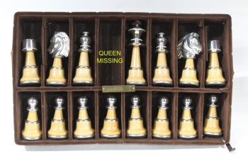 Game, Chess, SET OF 15 CHESS PIECES, *QUEEN MISSING*, SILVER PLATED, TALLEST PIECE IS 5