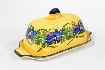Housewares, Dish, 2 PIECE BUTTER DISH W/LID & TRAY, PAINTED FLOWERS , CERAMIC, YELLOW