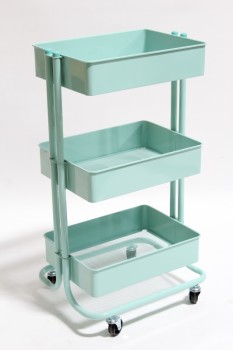Cart, Metal, 3 LEVELS,PERFORATED TRAYS, TUBULAR FRAME, ROLLING - Condition Not Identical To Photo, Bent Frame, METAL, GREEN