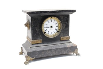 Clock, Mantle, ANTIQUE, HEAVY, ROUND FACE (NO GLASS), ORNATE ETCHING, BRASS LION ACCENTS & CLAW FEET, SLIGHTLY AGED, METAL, BLACK