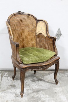 Chair, Armchair, ANTIQUE, CARVED WOOD FRAME W/CANING, GREEN BUTTON TUFTED CUSHION, FLORAL FABRIC PANELS W/FRINGE, WOOD, BROWN