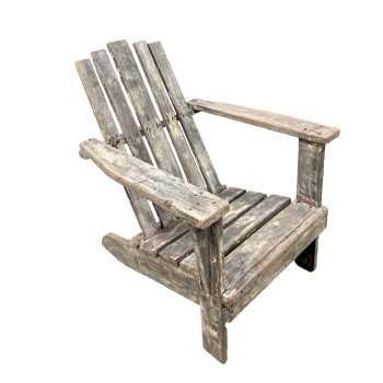 Chair, Lawn, ADIRONDACK/MUSKOKA STYLE, ANGLED BACK, UNFINISHED WOOD PLANK CONSTRUCTION, RUSTIC, OUTDOOR/LAWN/DECK, RED SHOWING THROUGH, WEATHERED AND AGED, WOOD, BROWN