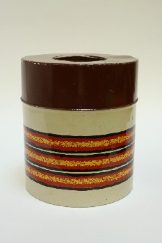 Housewares, Canister, CYLINDRICAL W/BROWN LID,YELLOW/RED & BLACK BANDS, METAL, MULTI-COLORED