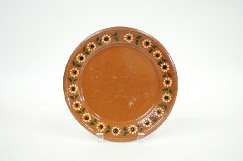 Decorative, Plate, ROUND W/PAINTED FLOWERS, TERRACOTTA, POTTERY, BROWN