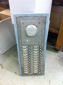 Building, Intercom, APARTMENT, VERTICAL W/BLUE FRAME, 2 ROWS OF 12 ROUND BUZZERS W/NAME SLOTS, W/SPEAKER, AGED, METAL, GREY
