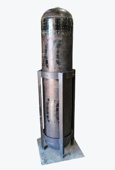 Tank, Metal, FABRICATED TANK CYLINDER IN STAND W/SQUARE BASE, VERTICAL, AGED , METAL, GREY