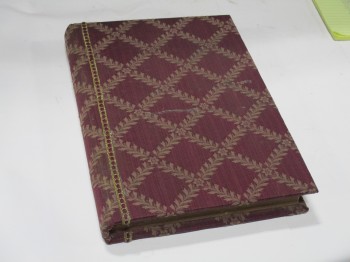 Book, Medieval, Burgandy Diamond Patterned Upholstry Cover And Spine With Lace Trim., BURGUNDY