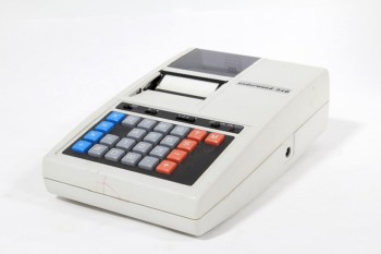 Desktop, Calculator, PAPER ROLL,RED BLUE GREY BUTTONS, PLASTIC, WHITE