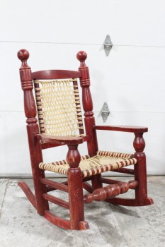 Chair, Rocking, XL,THICK FRAME, TURNED POSTS W/BALL ENDS, WOVEN HIDE SEAT & BACK, RUSTIC, ROCKER, WOOD, BROWN