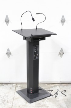 Podium, Slanted Top, PUBLIC ADDRESS LECTERN W/ATTACHED MICROPHONE & LED READING LIGHT, CONTROLS & PLUGS ON POST, ANGLED TOP, SQUARE BASE (18x18
