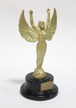 Trophy, Victory, WINGED WOMAN, VICTORY, PAINTED GOLD, BLACK BASE, METAL, GOLD