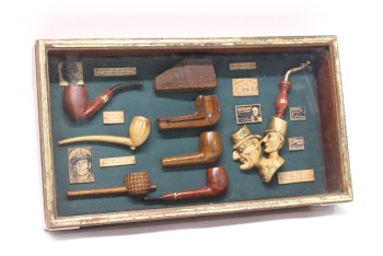 Wall Dec, Shadow Box, CLEARABLE, COLLECTION OF ANTIQUE PIPES, CORN COB ETC., WOOD, BROWN