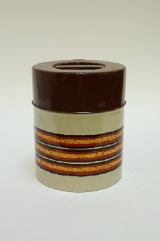 Housewares, Canister, CYLINDRICAL W/BROWN LID,YELLOW/RED & BLACK BANDS, METAL, MULTI-COLORED